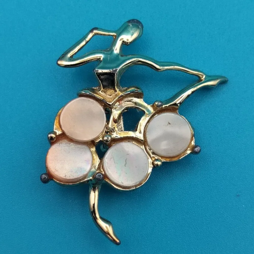 Vintage Gold Tone Dancer Brooch Pin Mother of Pearl Inlay 1.75